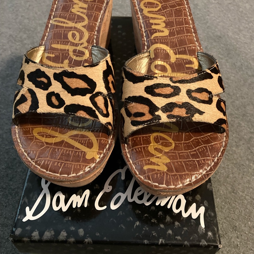 Sam Edelman Leopard Print Tan Black Wedge Sandals